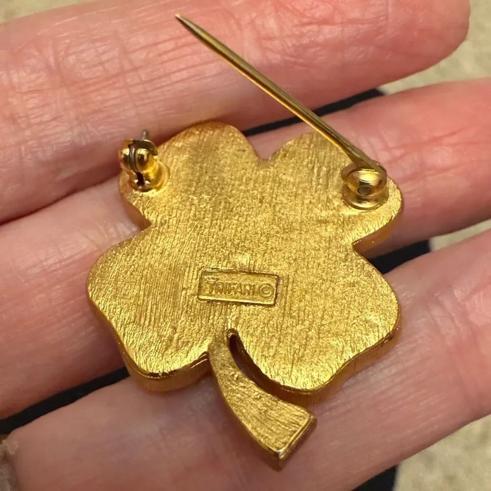 TRIFARI BLUE & GOLD TONE 4 LEAF CLOVER PIN BROOCH COSTUME GEM LUCKY CHARM VGUC